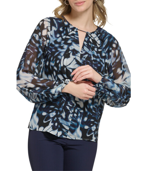 Imbracaminte Femei Calvin Klein Printed Shirred Front Long Sleeve Twilight BlueBlack
