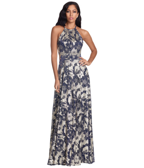Imbracaminte Femei Betsy Adam Long Foil Print Halter Gown with Wrap Skirt NavyGold