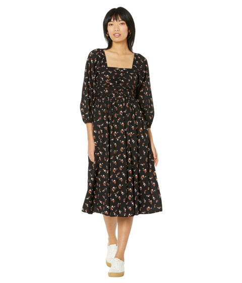 Imbracaminte Femei Madewell Puff-Sleeve Midi Dress in Woodland Floral True Black