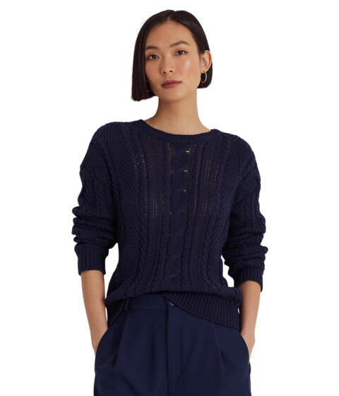 Imbracaminte Femei LAUREN Ralph Lauren Petite Aran-Knit Cotton Sweater French Navy