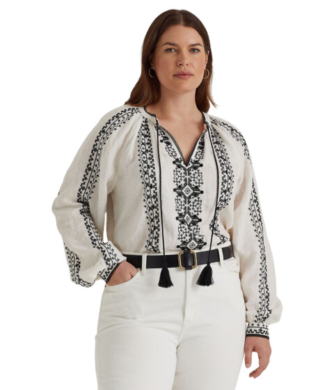 Imbracaminte Femei LAUREN Ralph Lauren Plus Size Embroidered Linen Blouse WhiteBlack