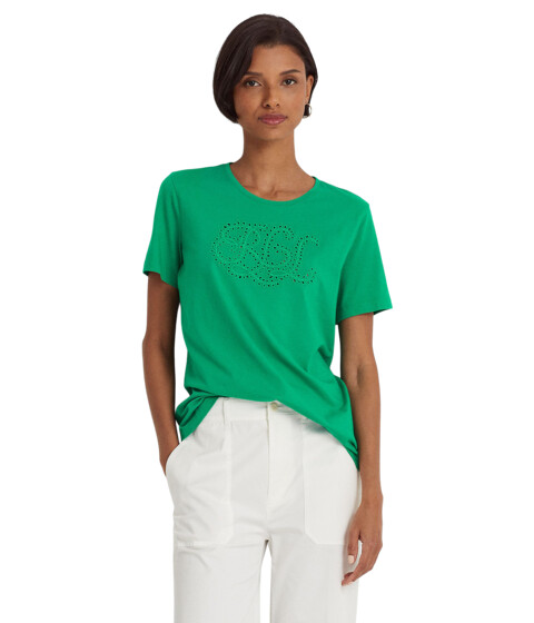 Imbracaminte Femei LAUREN Ralph Lauren Eyelet Logo Cotton-Blend Tee Palm Leaf