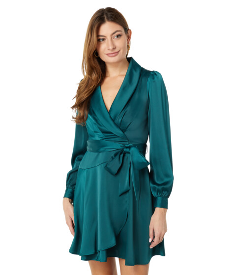 Imbracaminte Femei Vince Camuto Crepe Back Satin Long Sleeve Faux Wrap Dress Fit-and-Flare with Self Sash Hunter