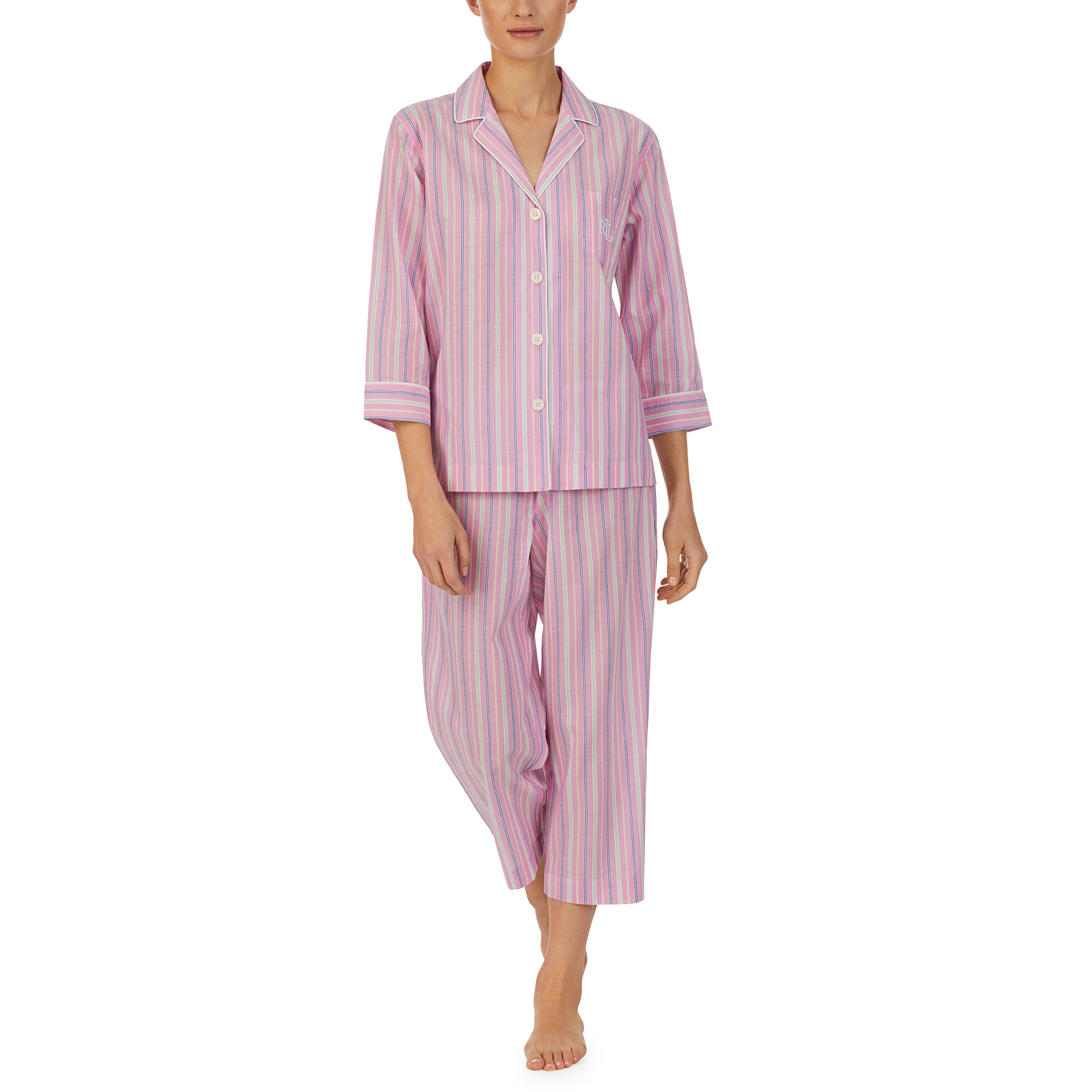 Imbracaminte Femei LAUREN Ralph Lauren 34 Sleeve Notch Collar Capris PJ Set Pink Stripe