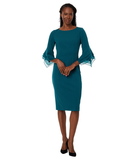 Imbracaminte Femei Adrianna Papell Stretch Knit Crepe Sheath Dress with Tiered Organza Bell Sleeve Hunter