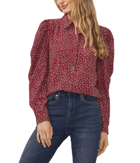 Imbracaminte Femei CeCe Long Sleeve Button-Down Floral Blouse with Collar Mulberry Red