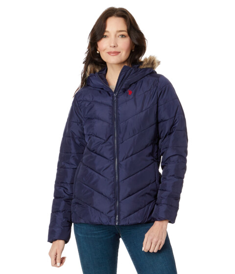 Incaltaminte Femei US Polo Assn Chevron Cozy Faux Fur Lining Quilted Puffer with Cozy Faux Fur Hood Evening Blue