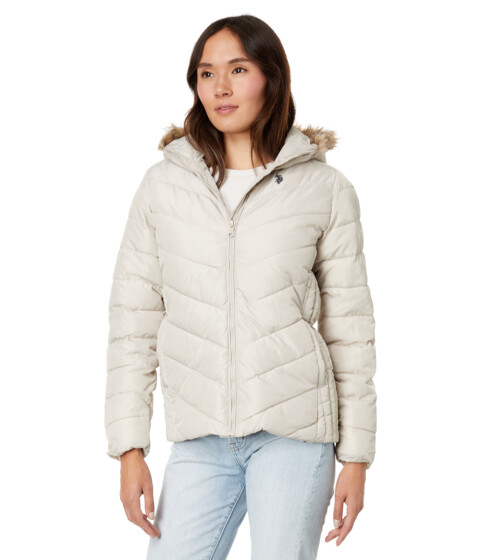 Incaltaminte Femei US Polo Assn Chevron Cozy Faux Fur Lining Quilted Puffer with Cozy Faux Fur Hood Winter Pearl