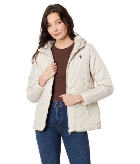Incaltaminte Femei BCBG Girls Mixed Quilting Hooded Puffer with Cozy Faux Fur Lining Winter Pearl