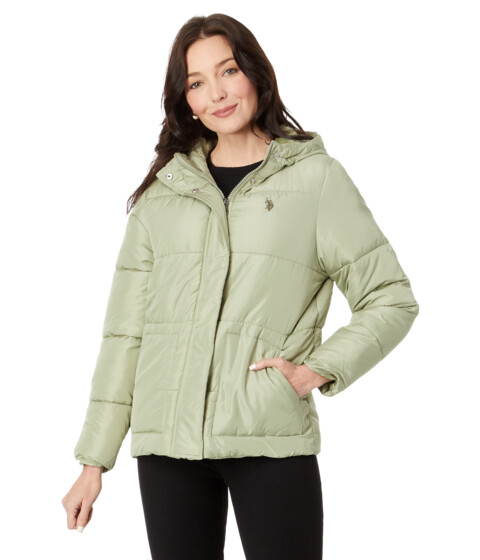 Incaltaminte Femei BCBG Girls Classic Hooded Puffer with Patch Pocket And Cozy Faux Fur Lining Vintage Sage