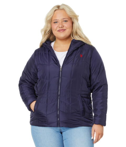 Incaltaminte Femei US Polo Assn Plus Size Zigzag Wave Cozy Faux Fur Lining Hooded Quilted Puffer Evening Blue