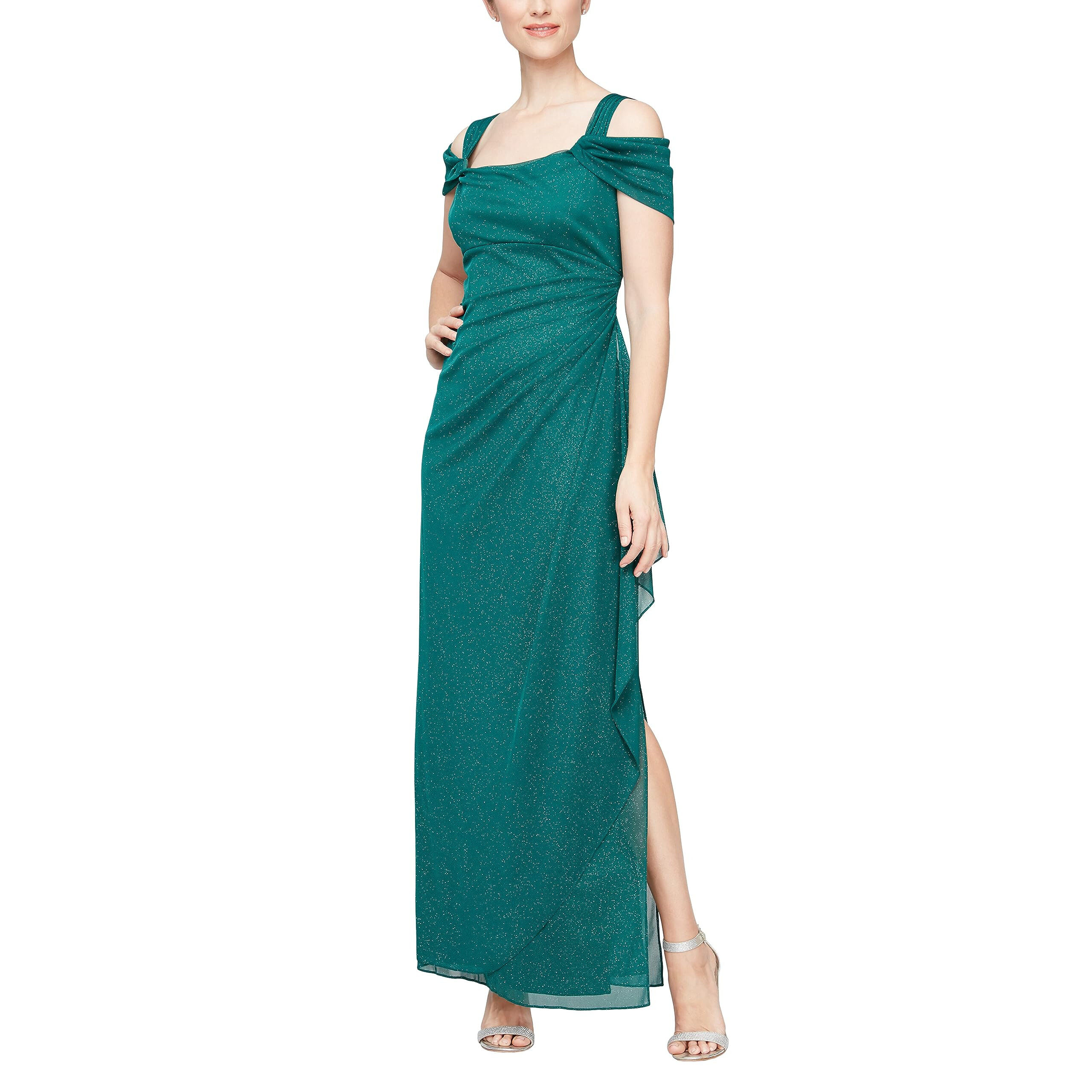 Imbracaminte Femei Alex Evenings Long Cold Shoulder Glitter Mesh Gown with Cowl Neckline Emerald Green