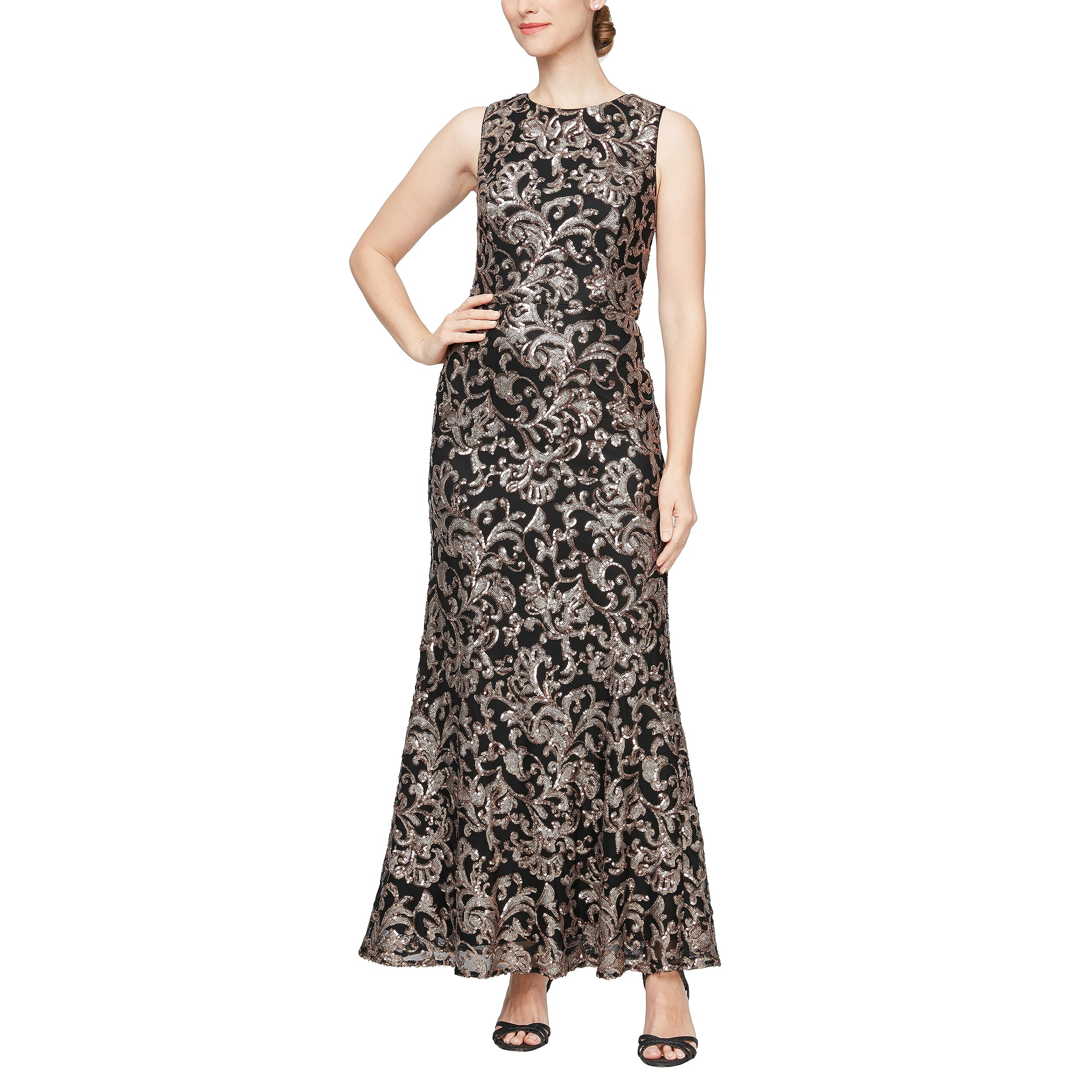 Imbracaminte Femei Alex Evenings Long Sequins Embroiderd Dress with Illusion Neckline and Fit and Flare Skirt BlackCopper