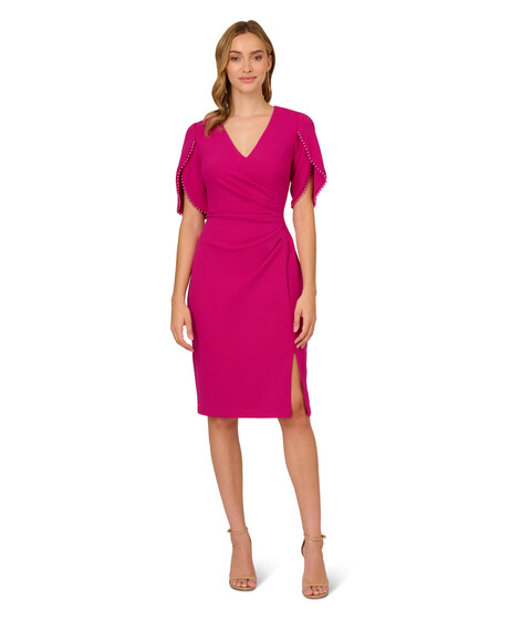 Imbracaminte Femei Adrianna Papell Stretch Crepe Side Ruched Dress with Pearl Trim Sleeves Hot Orchid