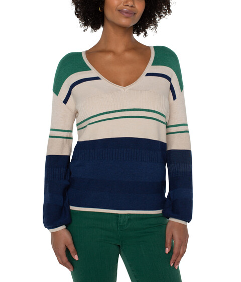 Imbracaminte Femei Liverpool V-Neck Blouson Sweater with Color Blocking Emerald Merchant Blue Combo
