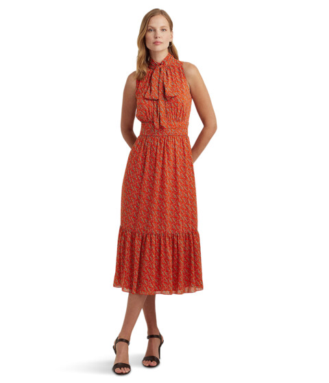 Imbracaminte Femei LAUREN Ralph Lauren Print Crinkle Georgette Tie Neck Dress Orange Multi