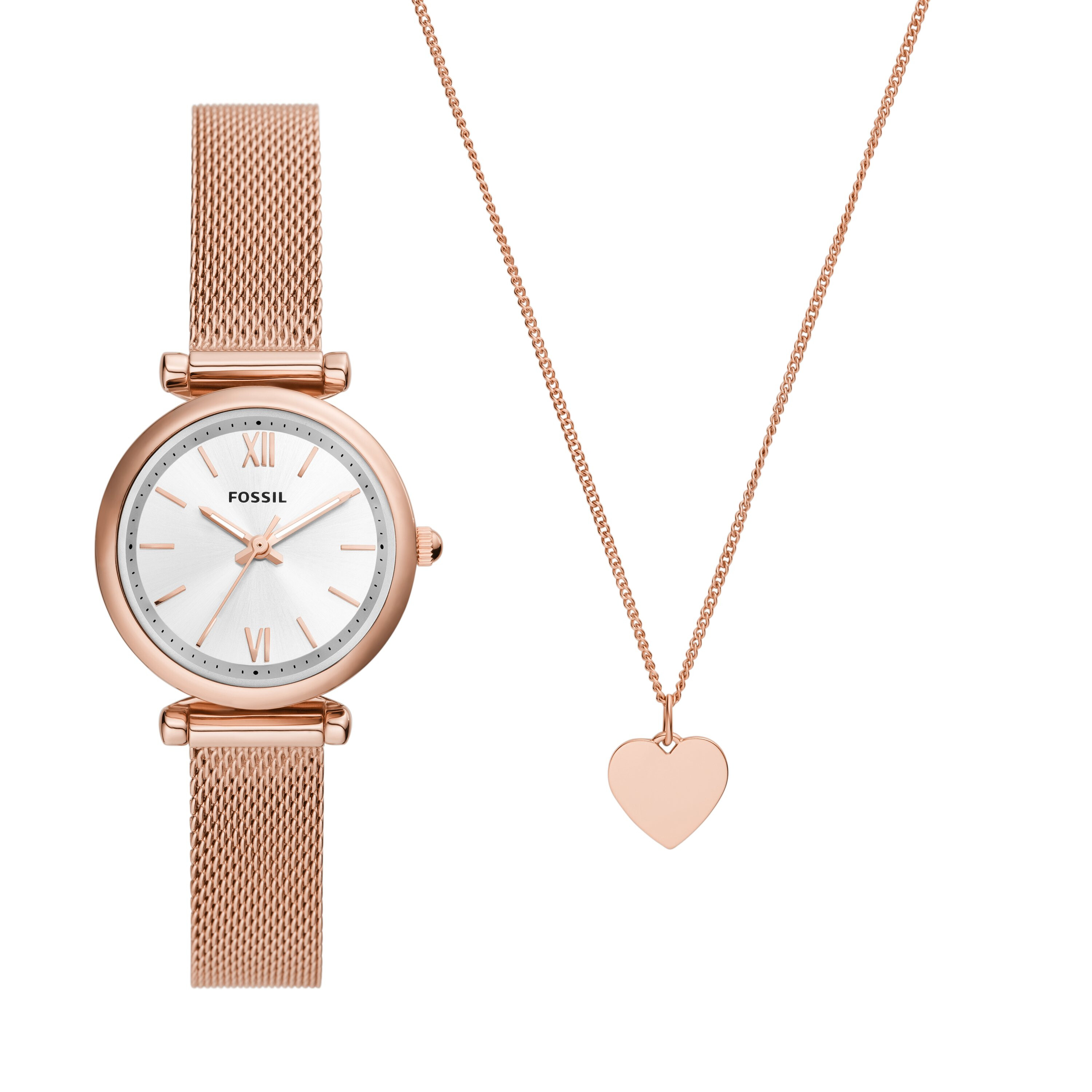 Ceasuri Femei Fossil Carlie Three-Hand Rose Gold-Tone Stainless Steel Mesh Watch and Necklace Box Set - ES5314SET Rose Gold