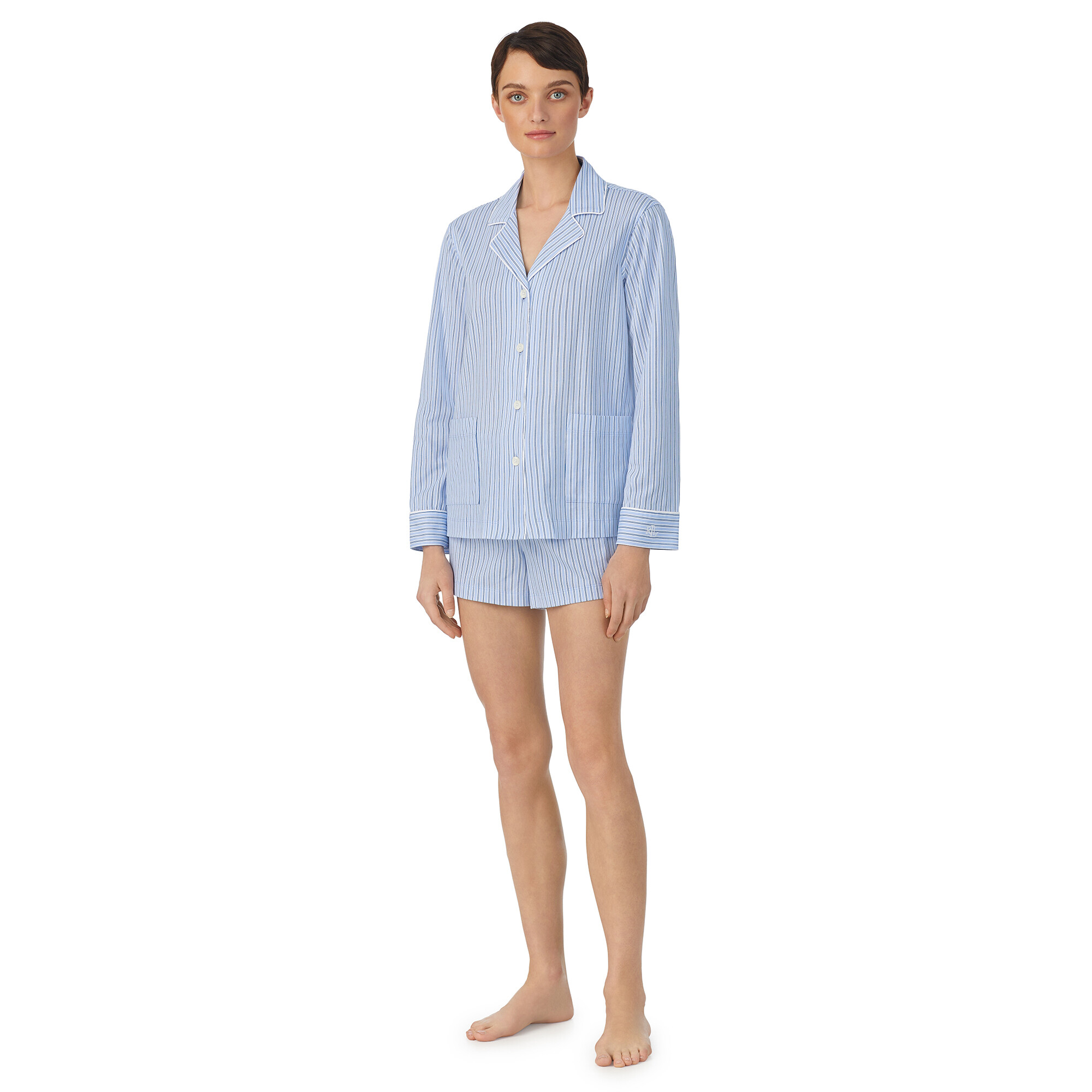 Imbracaminte Femei LAUREN Ralph Lauren Organic Cotton Long Sleeve Notch Collar Short PJ Set Blue Stripe
