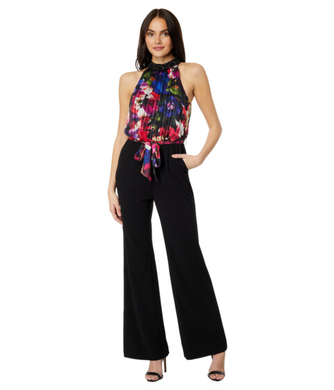 Imbracaminte Femei Adrianna Papell Mock Neck Printed Floral Halter Jumpsuit with Solid Black Bottom Black Multi