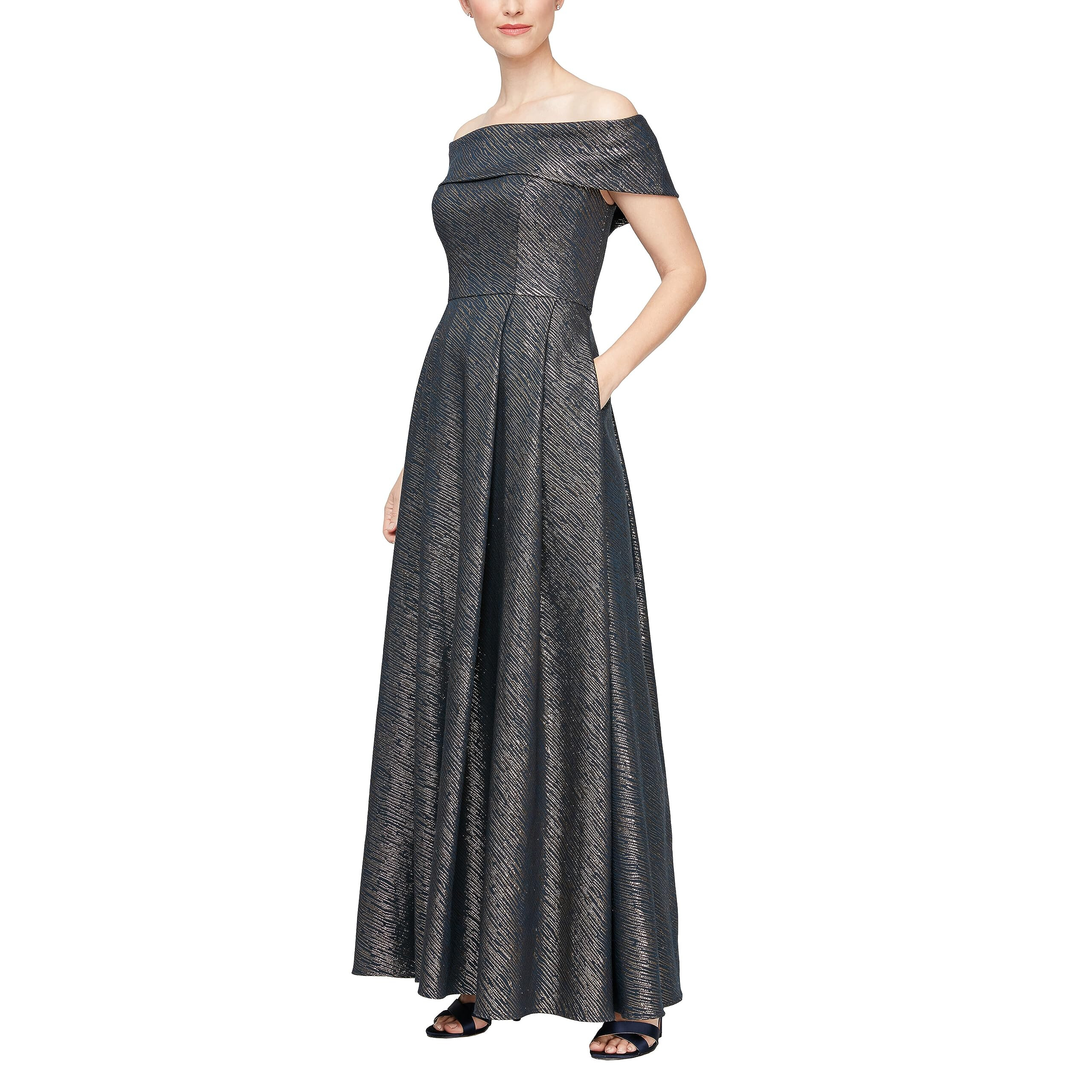 Imbracaminte Femei Alex Evenings Stretch Jacquard Off The Shoulder Ballgown with Full Skirt and Pockets Navy Gold