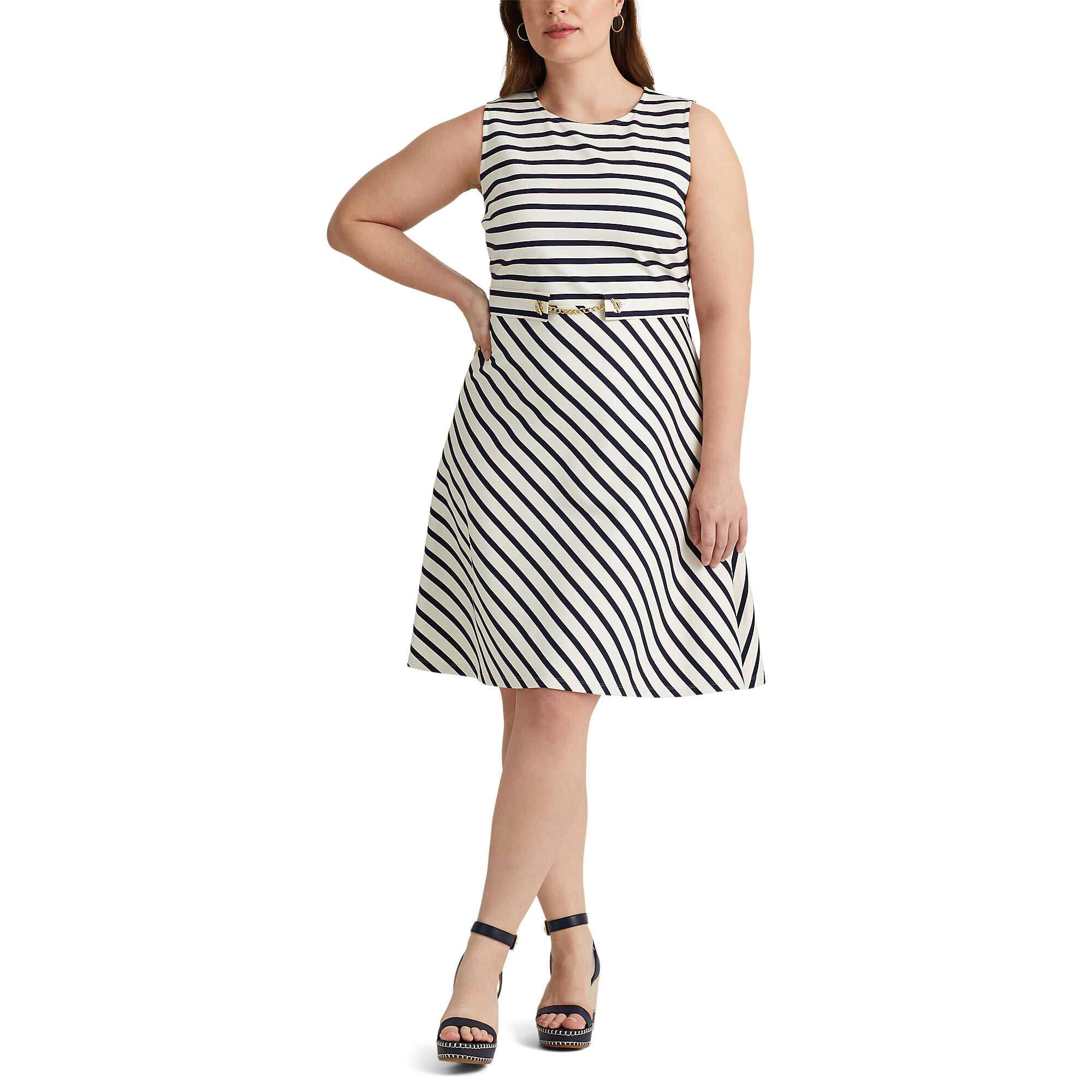 Imbracaminte Femei LAUREN Ralph Lauren Plus Size Striped Belted Ponte Dress Mascarpone CreamFrench Navy