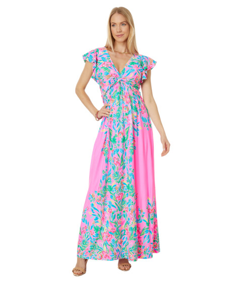 Imbracaminte Femei Lilly Pulitzer Verona Flutter Sleeve Maxi Havana Pink Casa Jaguar Engineered Maxi Dress
