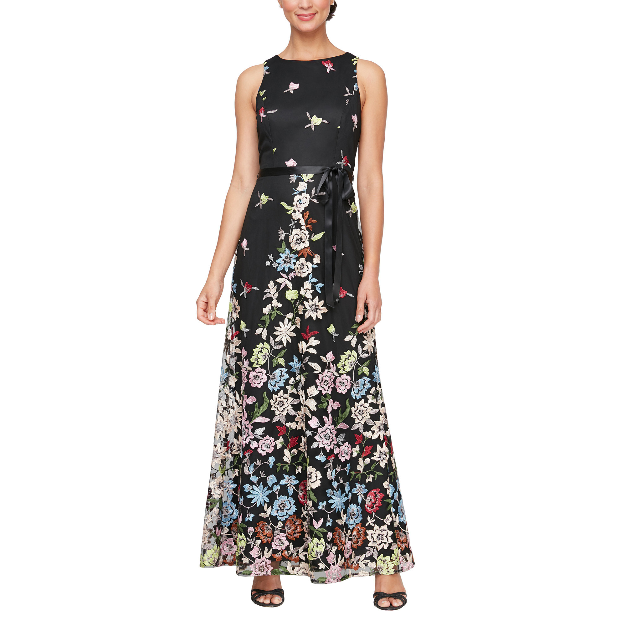 Incaltaminte Femei Under Armour Long Embroidered A-Line Dress with Satin Tie Belt Black Floral