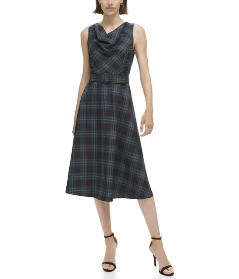 Imbracaminte Femei Vince Camuto Plaid Cowl Neck Fit-and-Flare Belted Midi Dress Navy Multi