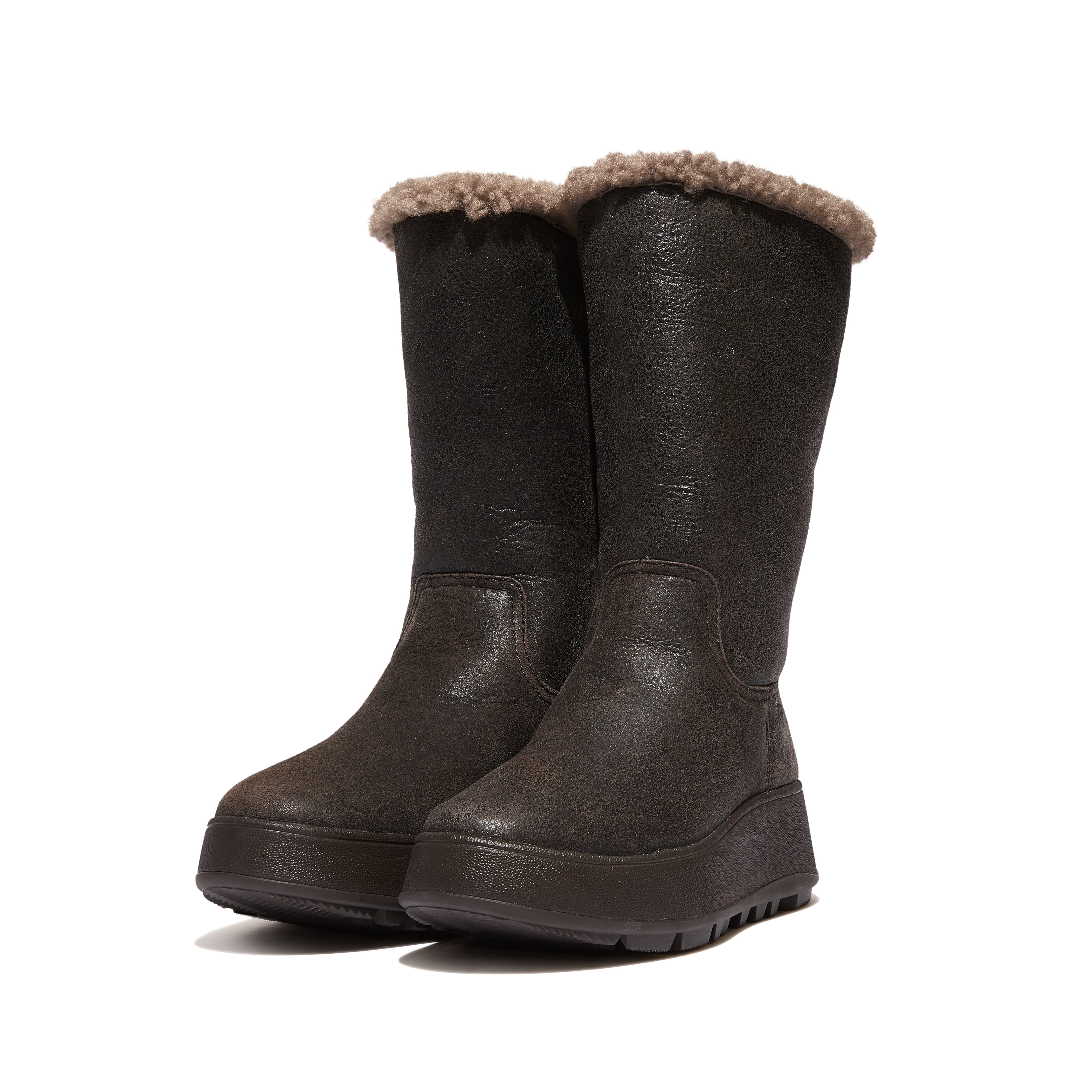 Incaltaminte Femei FitFlop F-Mode Roll-Down Shearling Flatform Calf Boots Chocolate Brown