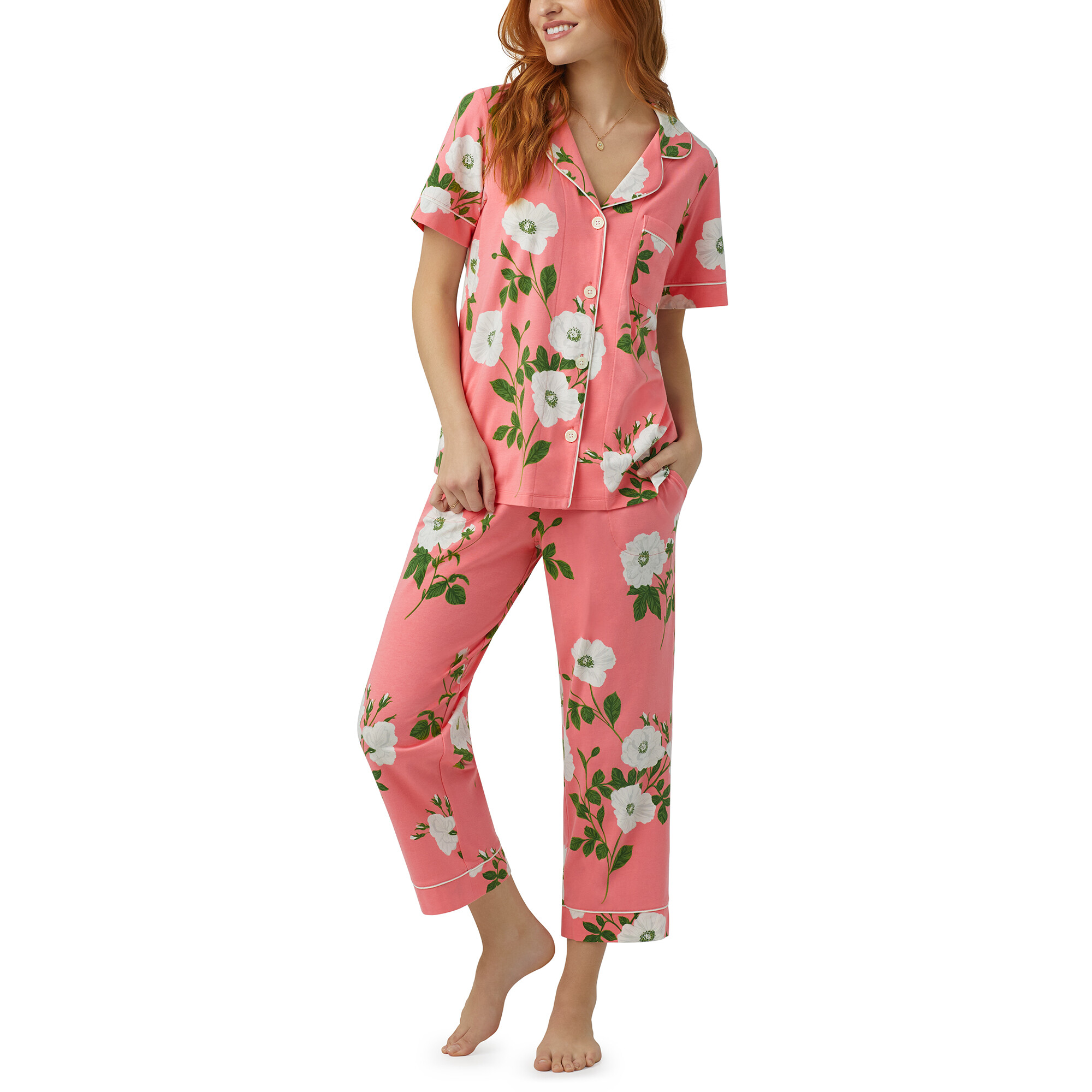 Imbracaminte Femei BedHead Pajamas Short Sleeve Cropped PJ Set White Poppy