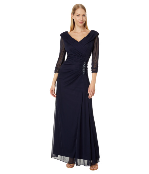 Imbracaminte Femei Alex Evenings Long Mesh Dress with Portrait Collar and Embellished Hip Detail Navy