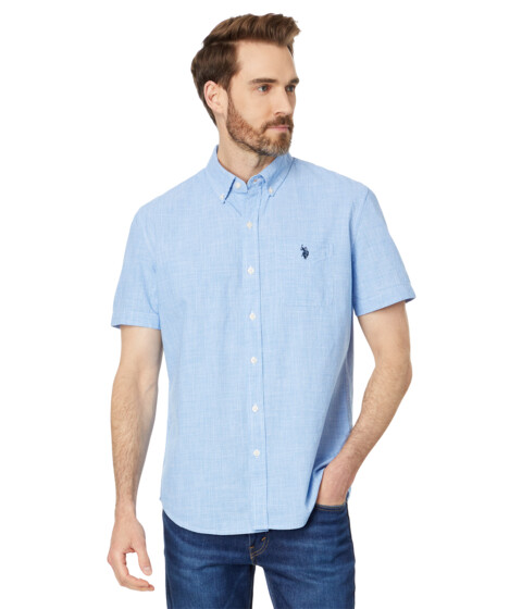 Imbracaminte Barbati US POLO ASSN Short Sleeve Classic Fit 1 Pocket Cotton Yarn Dye Houndstooth Woven Shirt Blue Coast