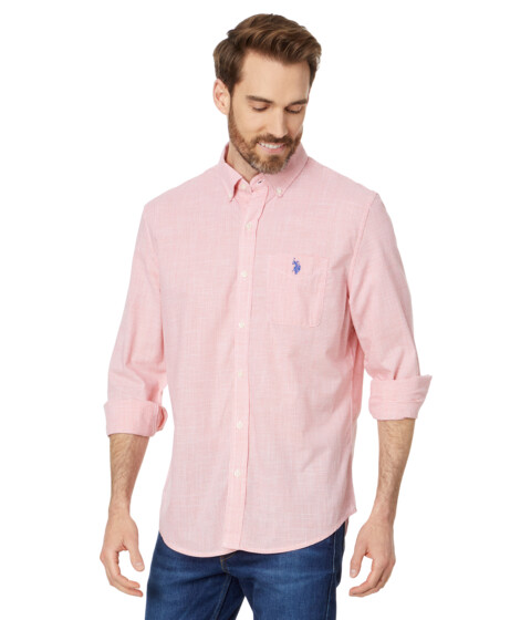 Incaltaminte Femei US Polo Assn Long Sleeve Classic Fit 1 Pocket Gingham Cotton Stretch Yarn Dye Slub Poplin Woven Shirt Pink Coral