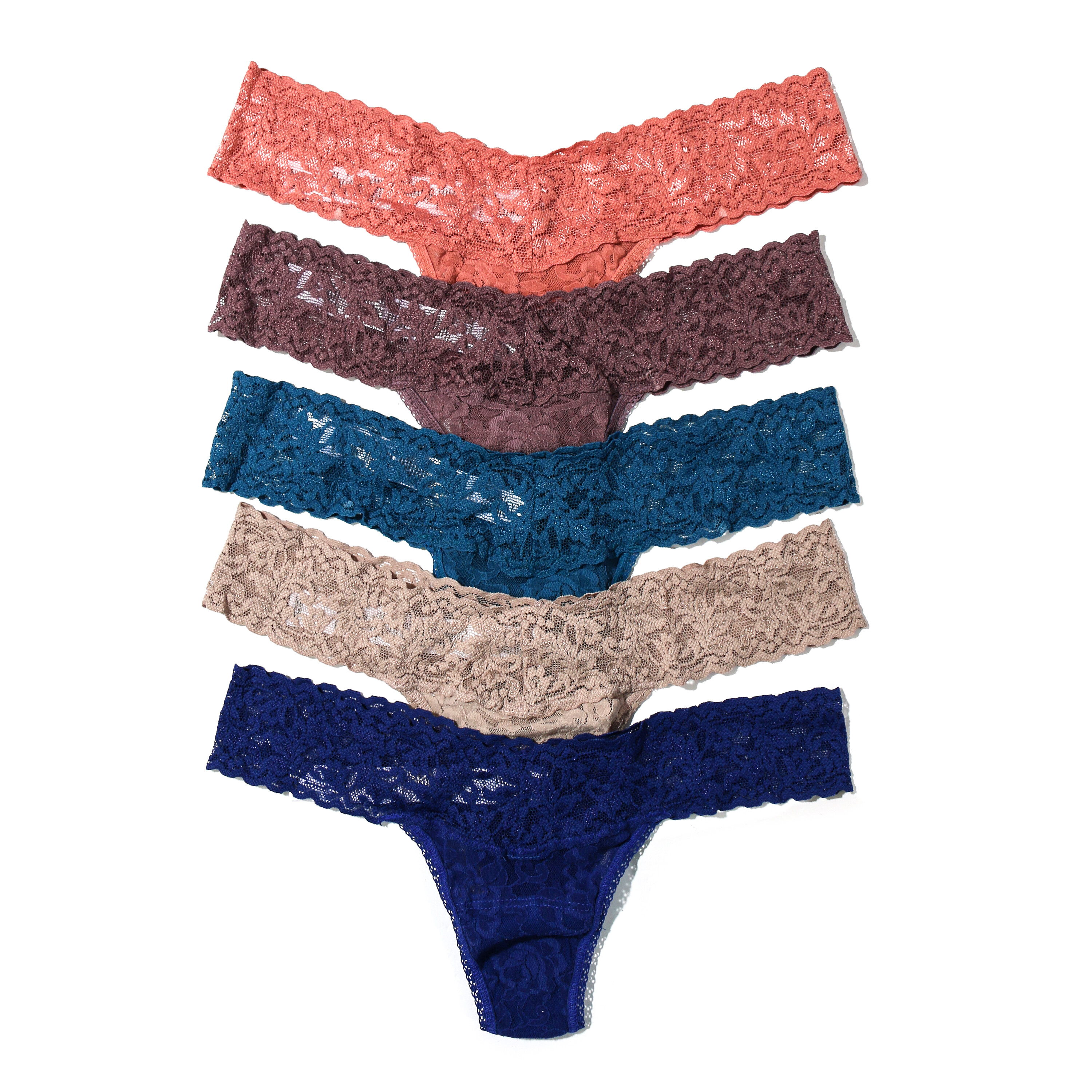 Imbracaminte Femei Hanky Panky Signature Lace Low Rise Thong 5-Pack Nightshadow Blue Crystal Blue Canary Yellow Enchanted Rose Sand