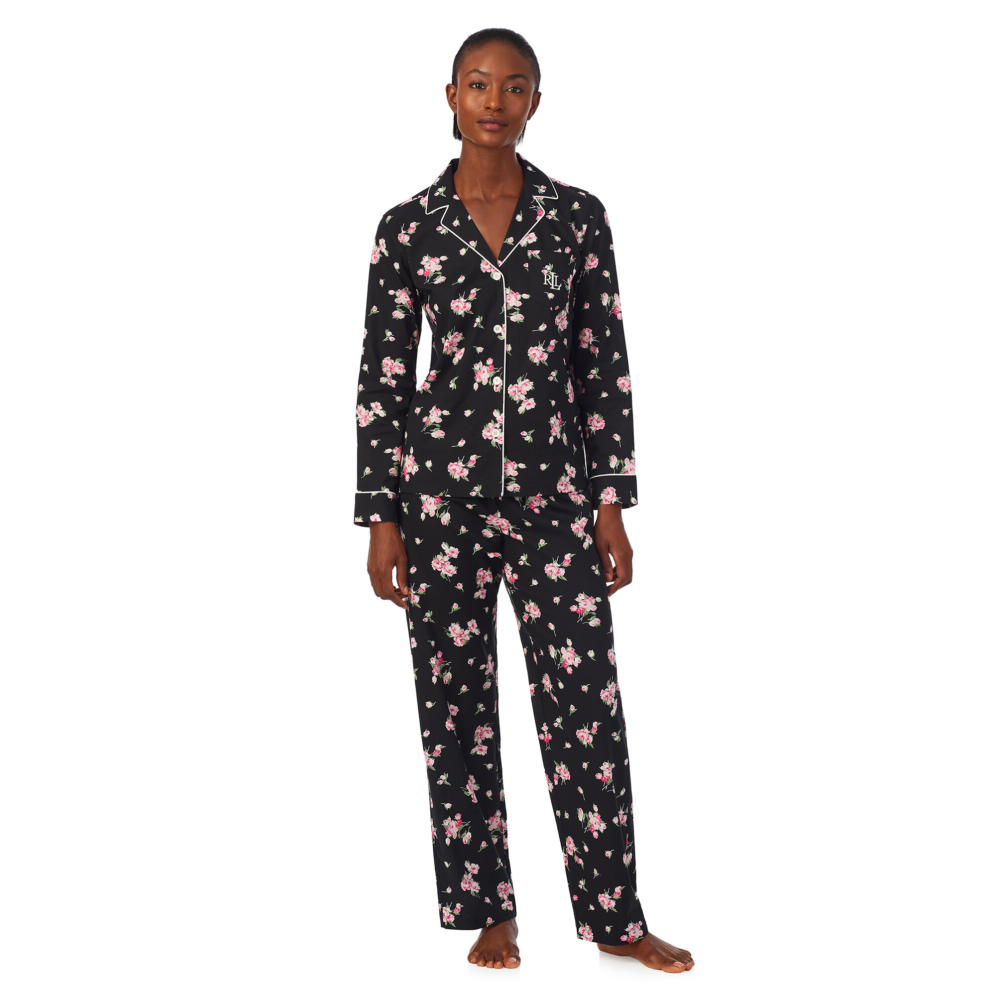 Imbracaminte Femei LAUREN Ralph Lauren Long Sleeve Notch Collar Long PJ Set Black Floral