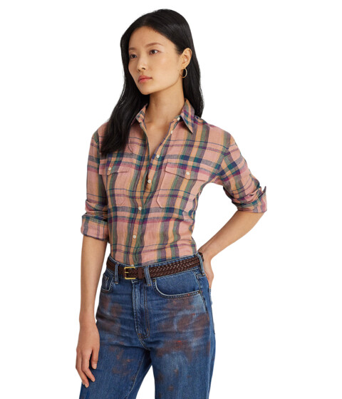 Imbracaminte Femei LAUREN Ralph Lauren Checked Plaid Linen Shirt PinkBlue Multi