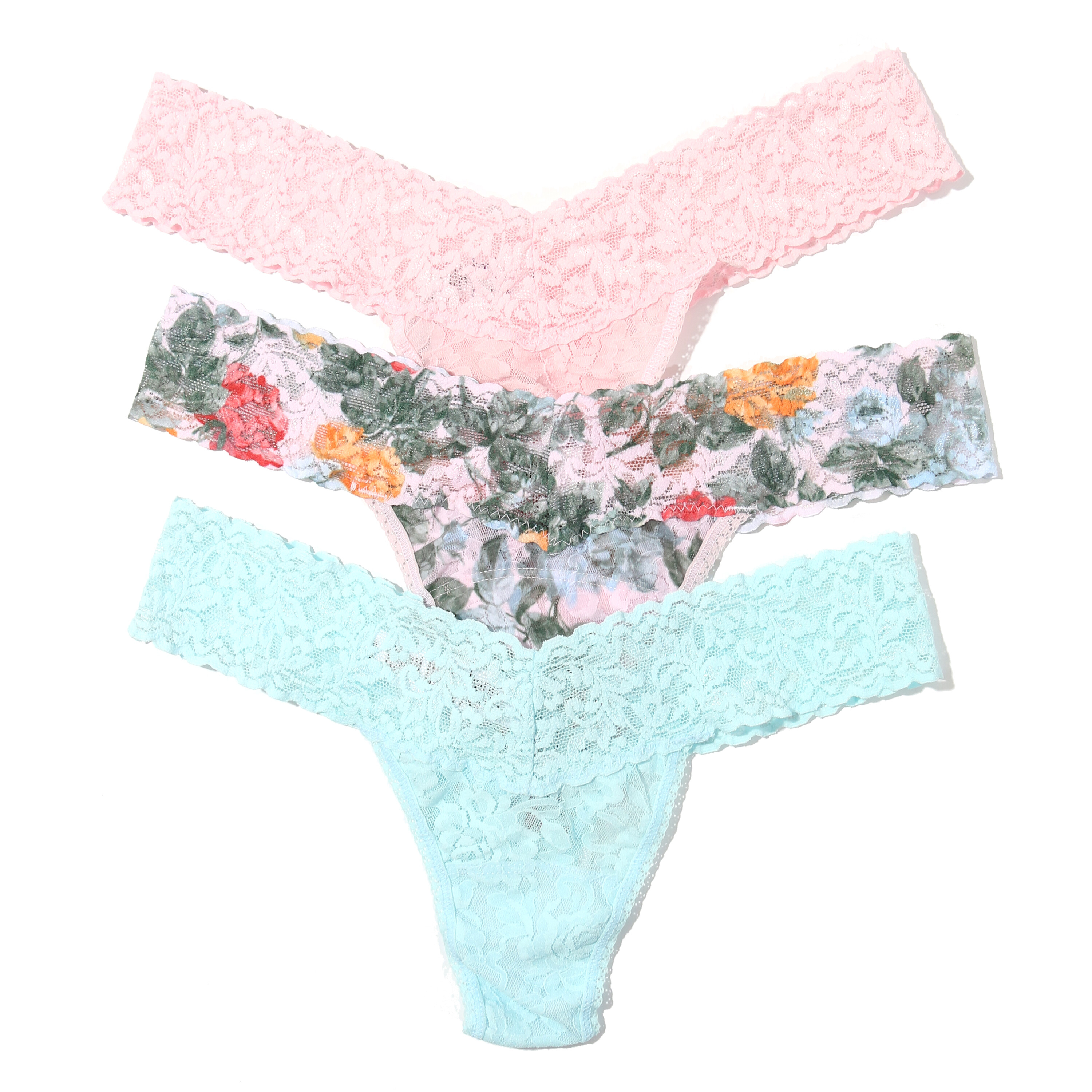 Imbracaminte Femei Hanky Panky Signature Lace Low Rise Thong 3-Pack Cool Water Blue Taffy Staycation