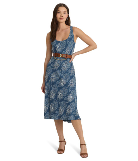 Imbracaminte Femei LAUREN Ralph Lauren Floral Belted Crepe Sleeveless Dress BlueCream