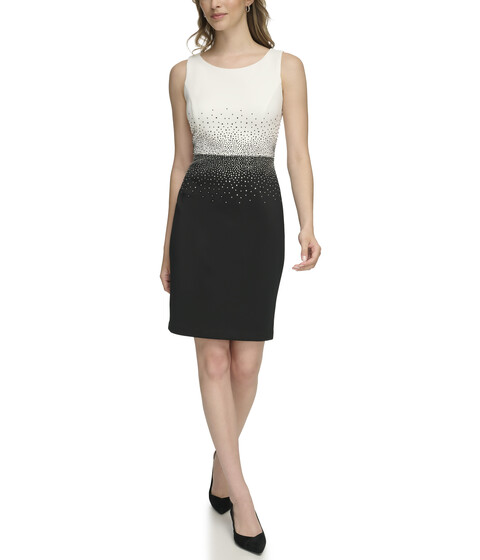 Imbracaminte Femei Calvin Klein Scuba Two-Tone Short Sheath with Bedazzled Mid Section IvoryBlack