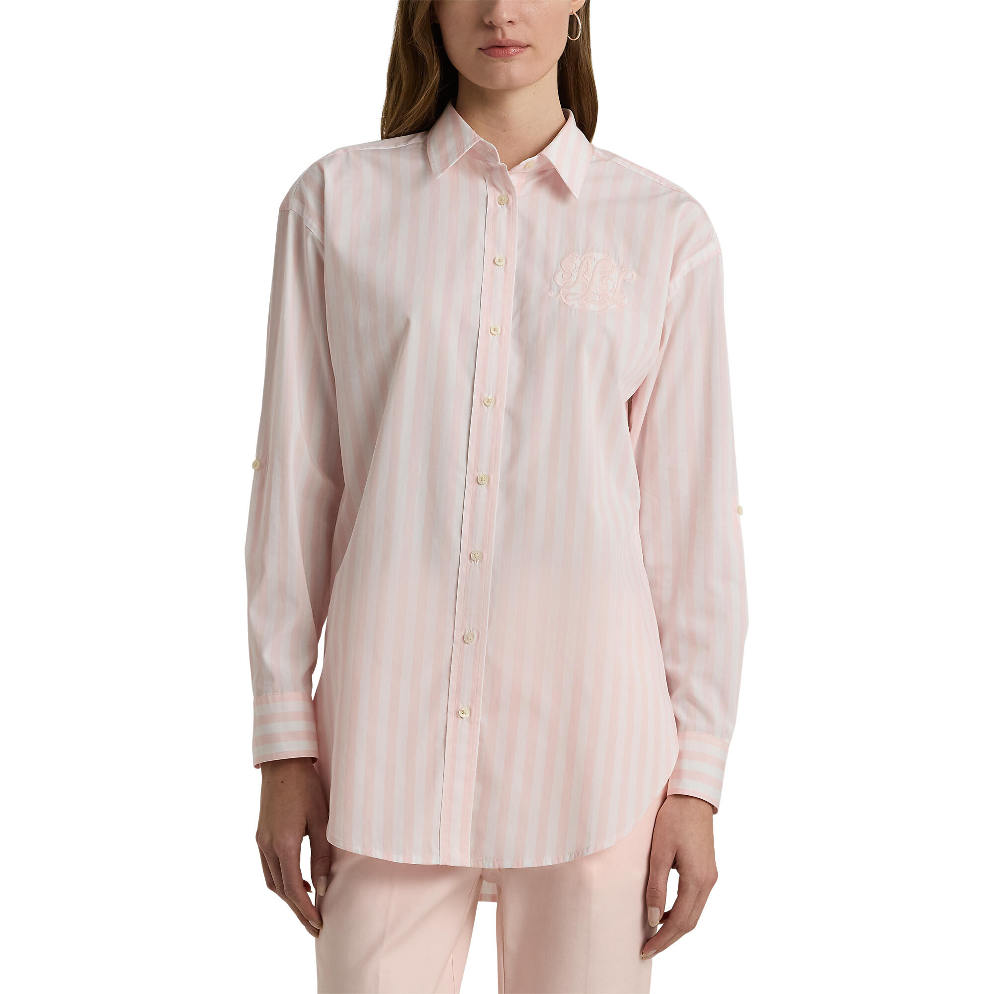 Imbracaminte Femei LAUREN Ralph Lauren Oversize Striped Cotton Broadcloth Shirt Pink OpalWhite