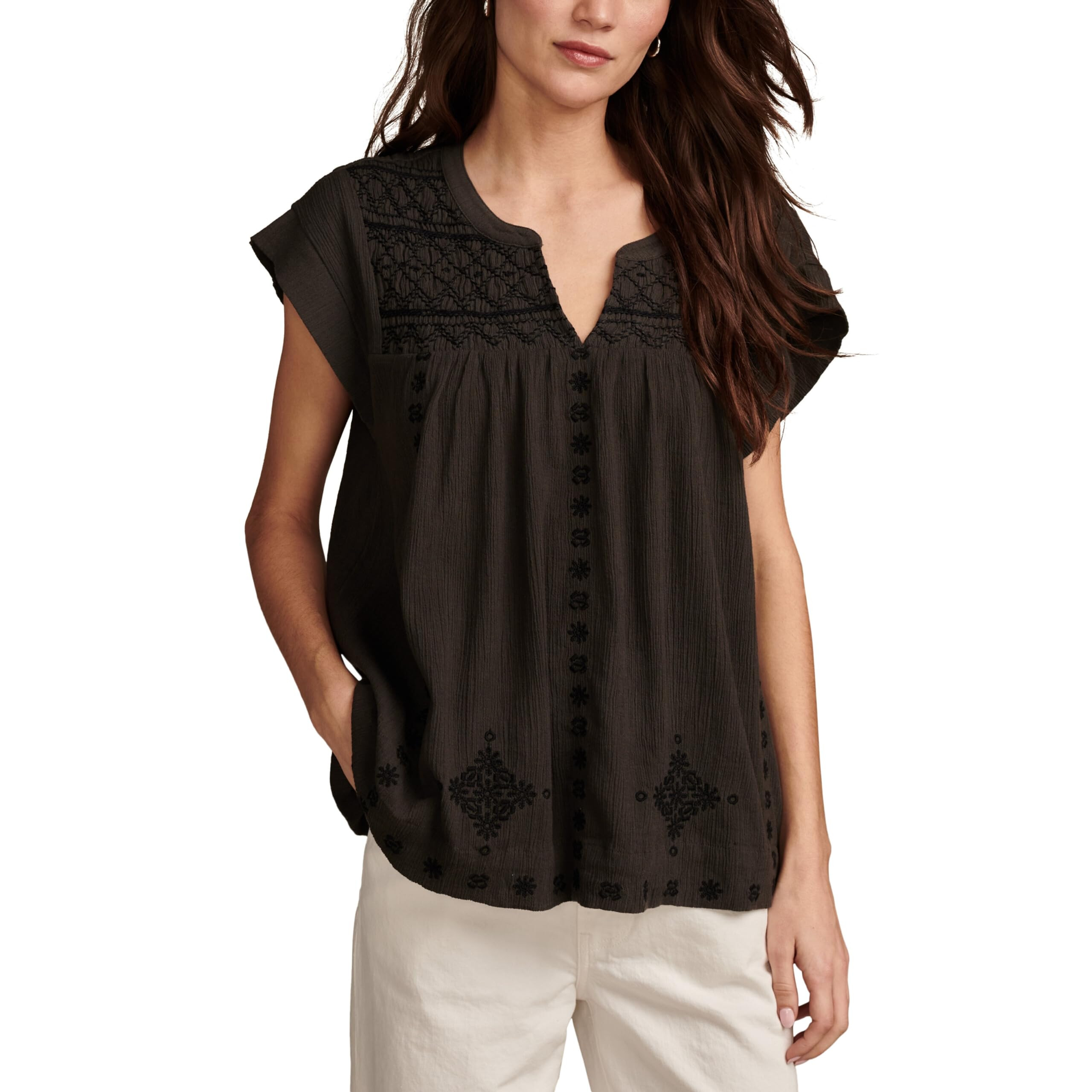 Imbracaminte Femei Lucky Brand Short Sleeve Embroidered Smocked Blouse Raven