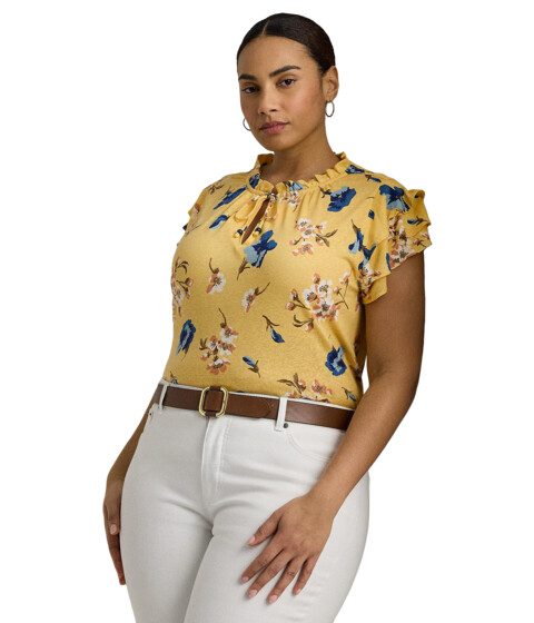 Imbracaminte Femei LAUREN Ralph Lauren Plus-Size Floral Linen-Blend Jersey Tie-Neck Top Yellow Multi